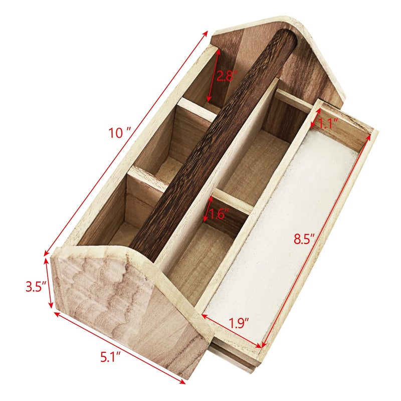 Ikee Design Small Natural Wood Color Wooden Craft Tool Box Caddy with a Handle for Storage Tool, Makeup, Collections with 5 Compartments for Storage and Organizing, 10 W x 5.1 D x 3.5 H in - Image 2